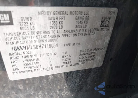 2017 GMC Acadia Slt-1 из США, поврежденный, VIN 1GKKNMLS6HZ116054